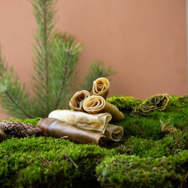 Älghud som är rullad och torkad. Bitarna är 16 cm långa.